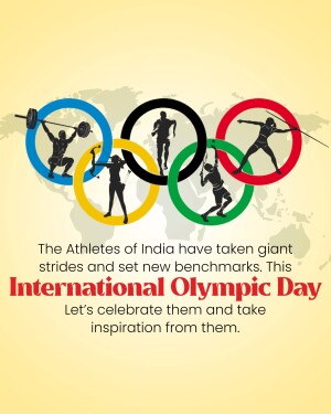 Olympic rings with silhouettes of athletes and text celebrating International Olympic Day in India.