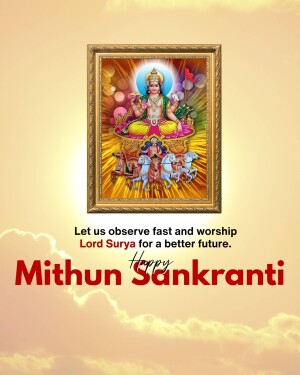 Image depicting Lord Surya with horses and a festive message for Mithun Sankranti