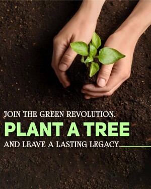 Hands gently holding a small plant seedling in dark soil with text promoting tree planting.