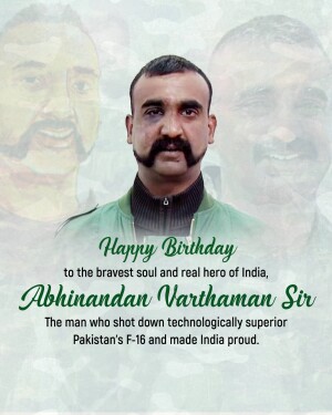 Portrait of Abhinandan Varthaman with a birthday message