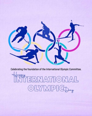 Silhouette of winter sports athletes with Olympic rings and text 'International Olympic Day'