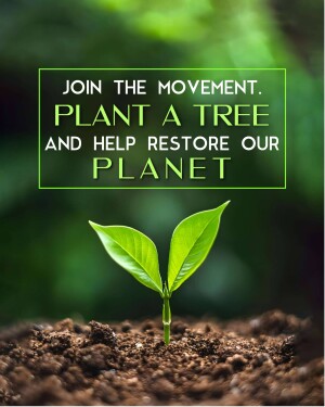 A young plant growing from soil with text encouraging tree planting.