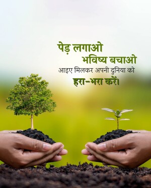Hands holding soil with a small tree and seedling, promoting tree planting.