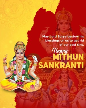 Image depicting Lord Surya and a festive Mithun Sankranti greeting.