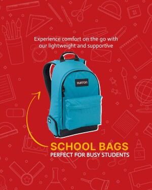 A turquoise Burton school bag with school supplies surrounding it on a red background.