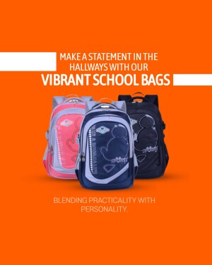 Three colorful school backpacks on an orange background with text promoting the bags.