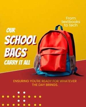 Red school backpack on a yellow and red background with text promoting school bags.