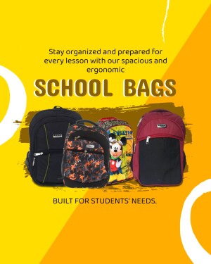 Variety of school bags for students - black, patterned, and red.