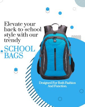 Blue and gray school backpack with the text 'Elevate your back-to-school style with our trendy SCHOOL BAGS'