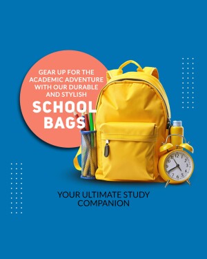 Yellow school backpack with school supplies on a blue background