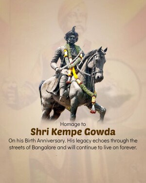 Statue of Shri Kempe Gowda on horseback with a floral garland