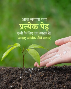 Hand gently sprinkling fertilizer over a small seedling growing in soil.