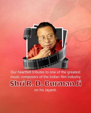 Portrait of R.D. Burman with film reel graphics and tribute text.