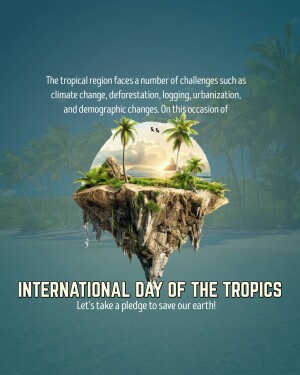 Floating island with palm trees and a moon, promoting International Day of the Tropics