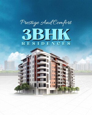 Modern 3BHK apartment building with a blue gradient background