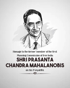 Sketch portrait of Shri Prasanta Chandra Mahalanobis with text honoring his Punya Tithi.