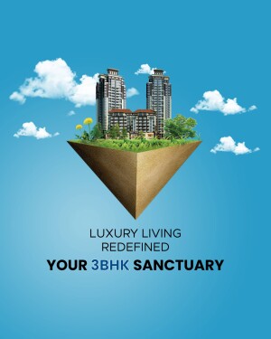 Modern apartment complex with lush greenery and a blue sky background