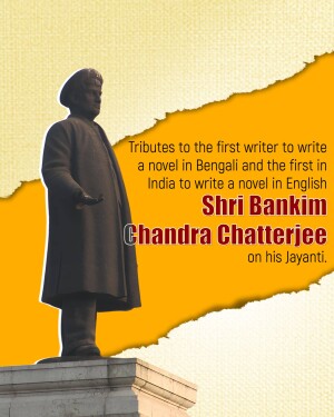 Statue of Bankim Chandra Chatterjee with text commemorating his birth anniversary.