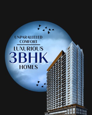 Modern high-rise building with text advertising luxurious 3BHK homes.