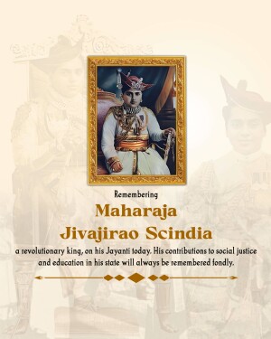 Portrait of Maharaja Jivajirao Scindia with text commemorating his Jayanti