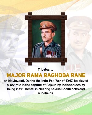 Portrait of Major Rama Raghoba Rane in a wooden frame with the Indian flag in the background