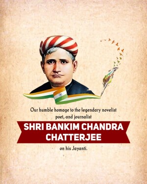 Portrait of Bankim Chandra Chatterjee with Indian flag and birds