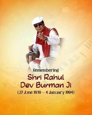 Portrait of Dev Burman with musical notes