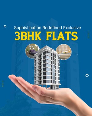 Image of a modern apartment building held in a hand, advertising 3BHK flats.