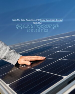 Close-up of a hand touching a solar panel on a rooftop, promoting sustainable energy.