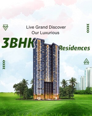 Modern high-rise residential building with lush green surroundings