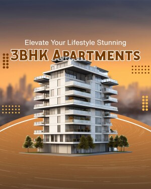 Modern 3BHK apartment building with a sunset backdrop