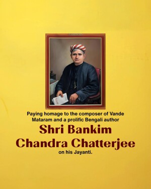 Portrait of Bankim Chandra Chatterjee with text honoring him
