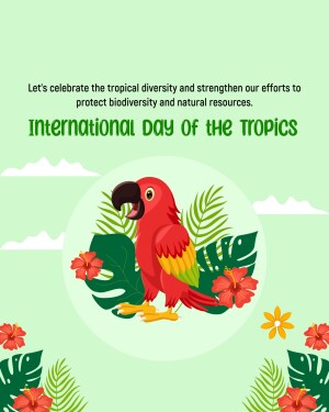Illustration of a macaw with tropical leaves and flowers for International Day of the Tropics