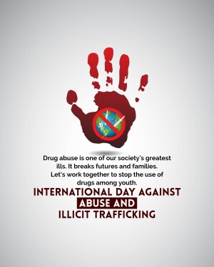 Red handprint with a 'no drugs' symbol over a globe, promoting awareness against drug abuse.
