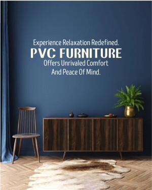 Modern living room with PVC furniture and a blue accent wall.