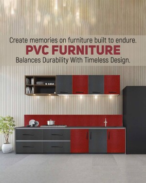 Modern kitchen with PVC furniture cabinets in red, grey, and white.