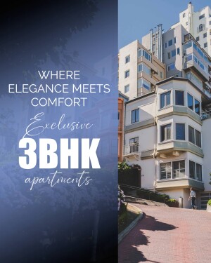 Modern apartment building with text overlay promoting 3BHK apartments