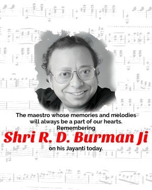 Portrait of R.D. Burman with musical notes and a tribute message