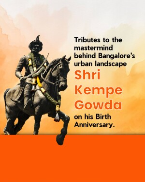 Statue of Kempe Gowda I on horseback with a tribute banner