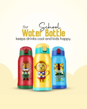 Three colorful water bottles with animal designs for children.