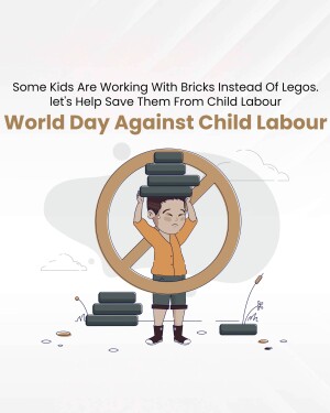 Illustration depicting a child carrying bricks with a 'no' symbol over them, raising awareness about child labour.