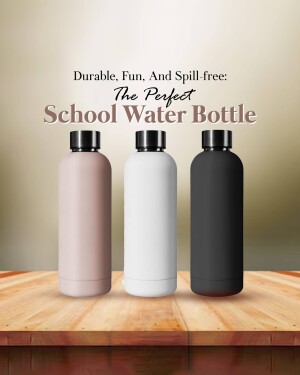 Three school water bottles in pink, white, and black