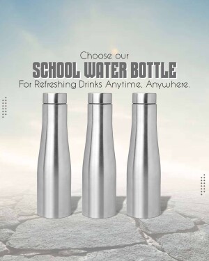 Three stainless steel water bottles against a blurred background with text promoting school water bottles.