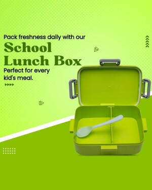 Green school lunch box with a spoon inside, promoting healthy meals for kids.