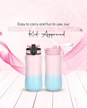 Two gradient pink and blue water bottles for kids with carry straps.