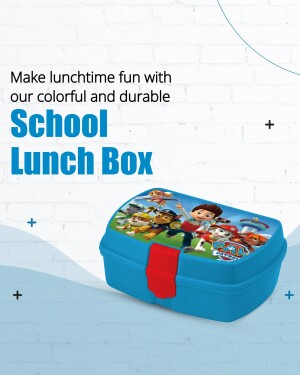 Blue Paw Patrol themed school lunch box with characters on a white brick background.