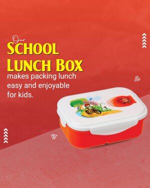 Red and white school lunch box with cartoon illustrations on a red background.