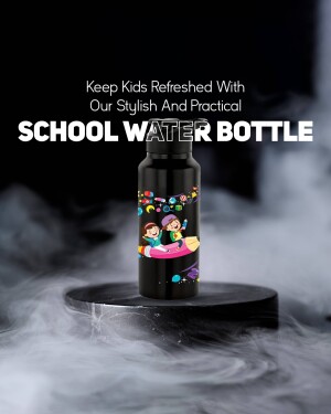 Black water bottle with colorful school-themed design on a dark background with smoke effect.
