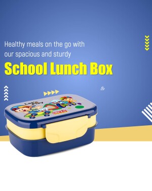 A blue and yellow school lunch box with a cartoon design, promoting healthy meals on the go.
