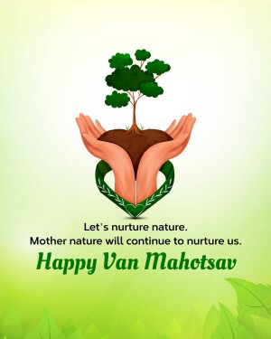 Hands cradling a tree seedling with a green heart-shaped wreath, promoting Van Mahotsav.